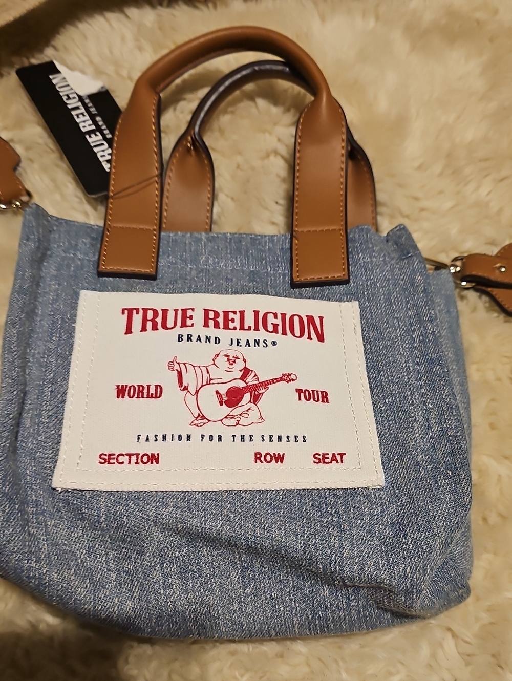 True Religion Denim Mini Tote with Brown Handles and Red Logo